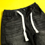 Load image into Gallery viewer, 6 Pocket Black Blasted Pants waist, button and drawstring close-up