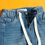 Load image into Gallery viewer, 6 Pocket Blue Pants waist and drawstring close-up