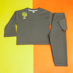 Load image into Gallery viewer, Dark Grey Rib Co-ord top and trousers flat-lay