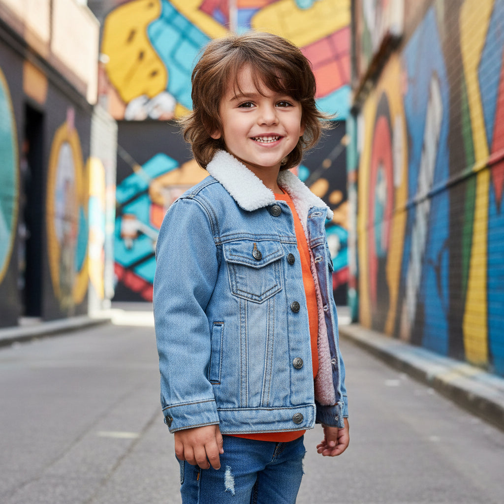 Light blue denim jacket with fur