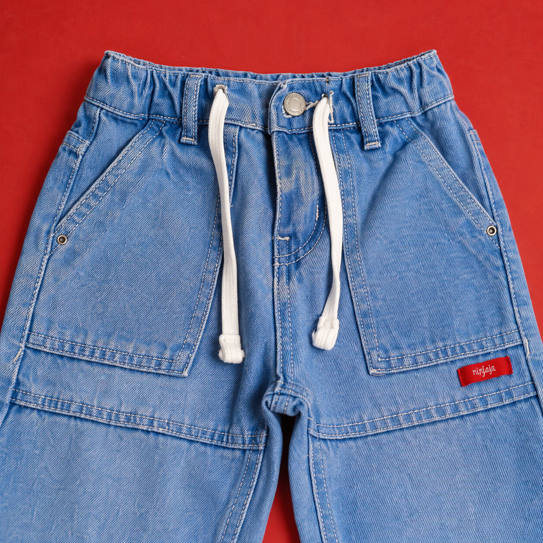 Light Blue Patch Pocket Pants front pockets and drawstring close-up