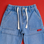 Load image into Gallery viewer, Light Blue Patch Pocket Pants front pockets and drawstring close-up
