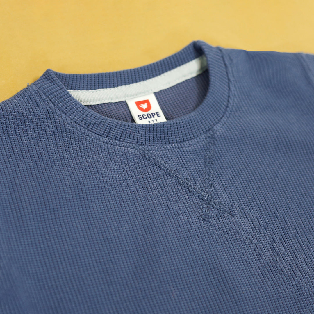 Smoke Blue Waffle-Knit Sweatshirt neckline close-up