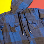 Load image into Gallery viewer, Urban Check Blue Hoodie chest pockets and hood drawstring close-up
