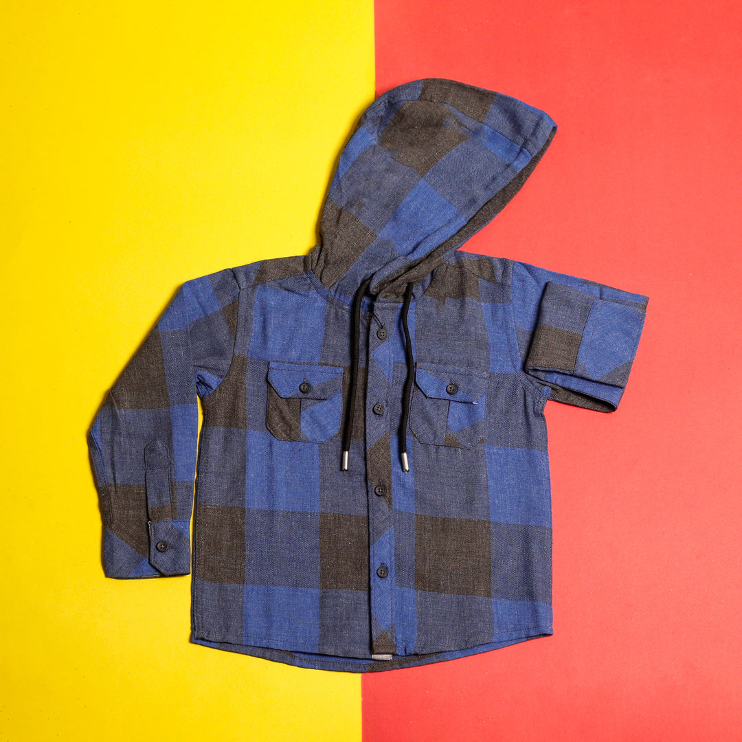 Urban Check Blue Hoodie flat-lay, blue and black check hooded shirt