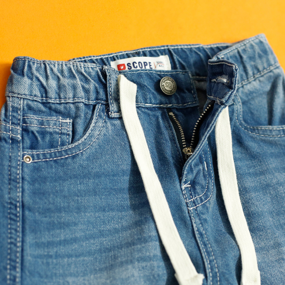 6 Pocket Blue Pants waist and drawstring close-up