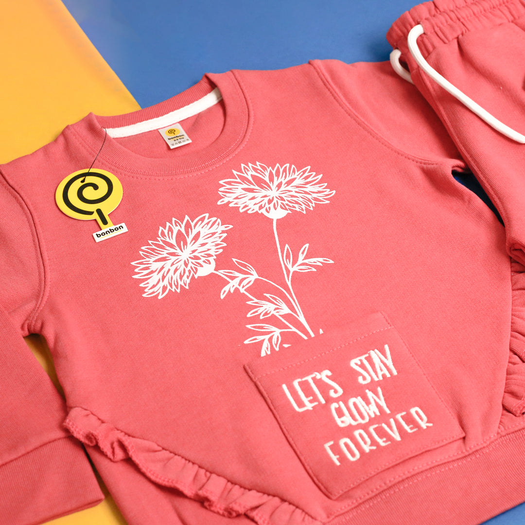 Glowy Pink Sweatshirt Set – flower print and pocket detail