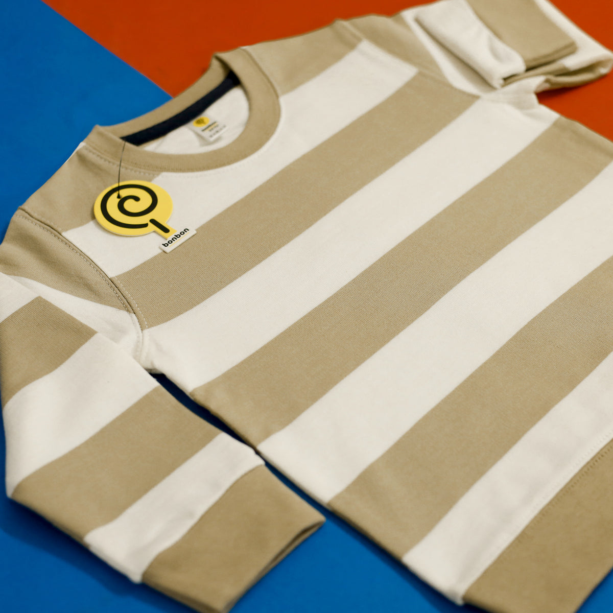 Sand stripe sweatshirt neckline close up