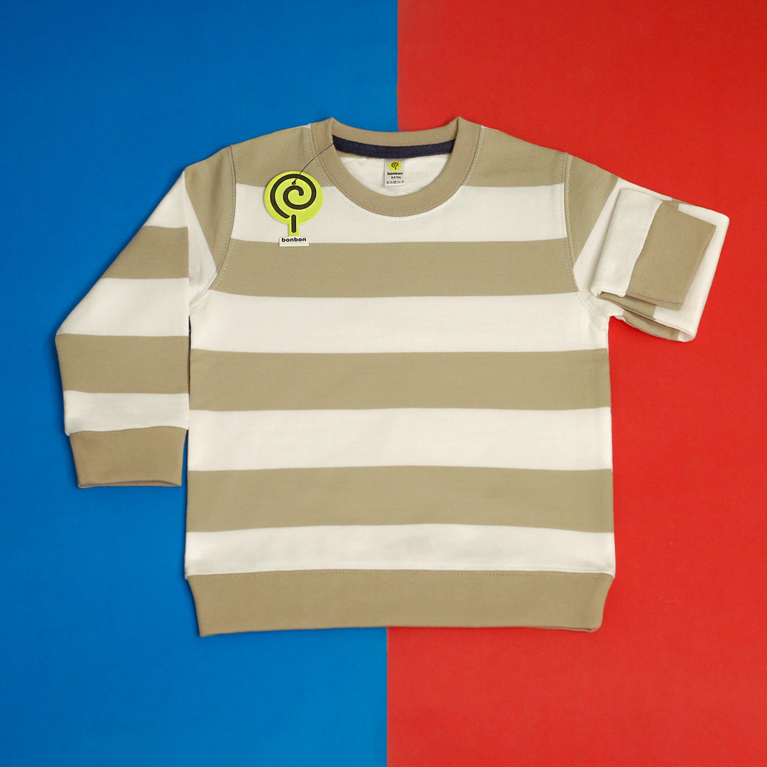 Sand Stripe Sweatshirt flat-lay, wide sand and off-white stripes