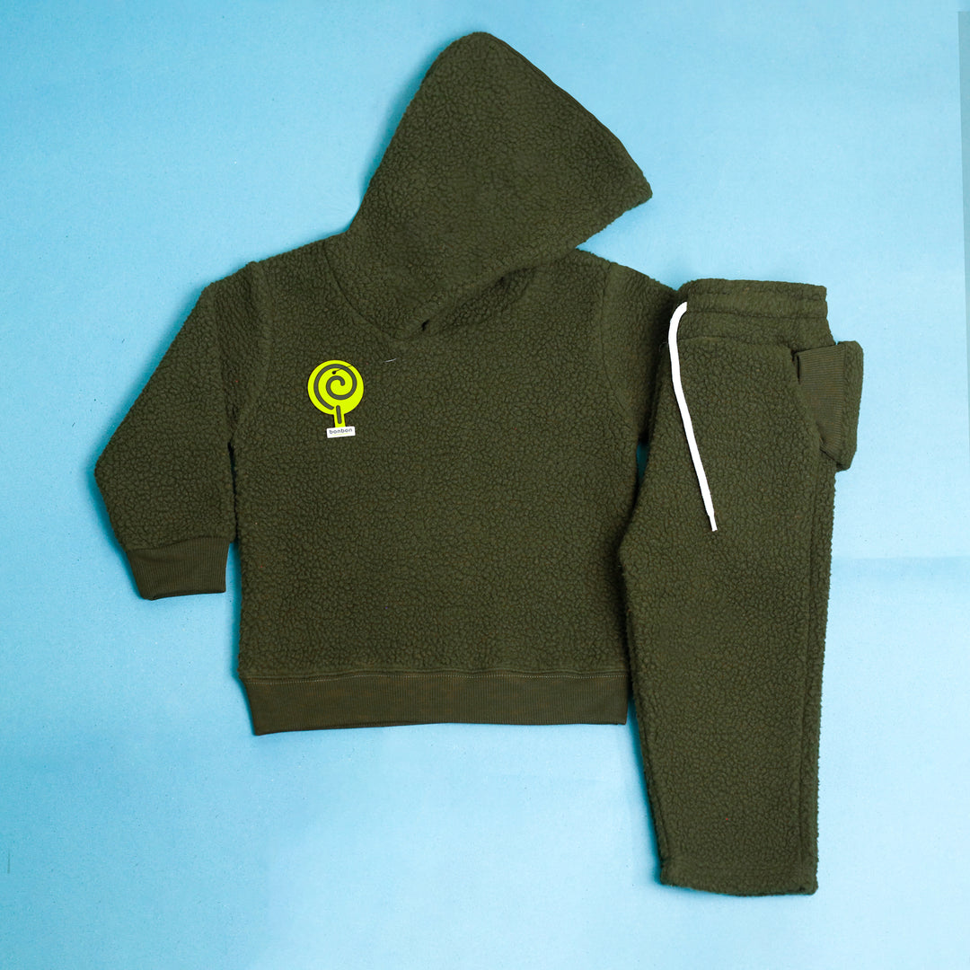 Olive Sherpa Tracksuit hoodie and trousers flat-lay