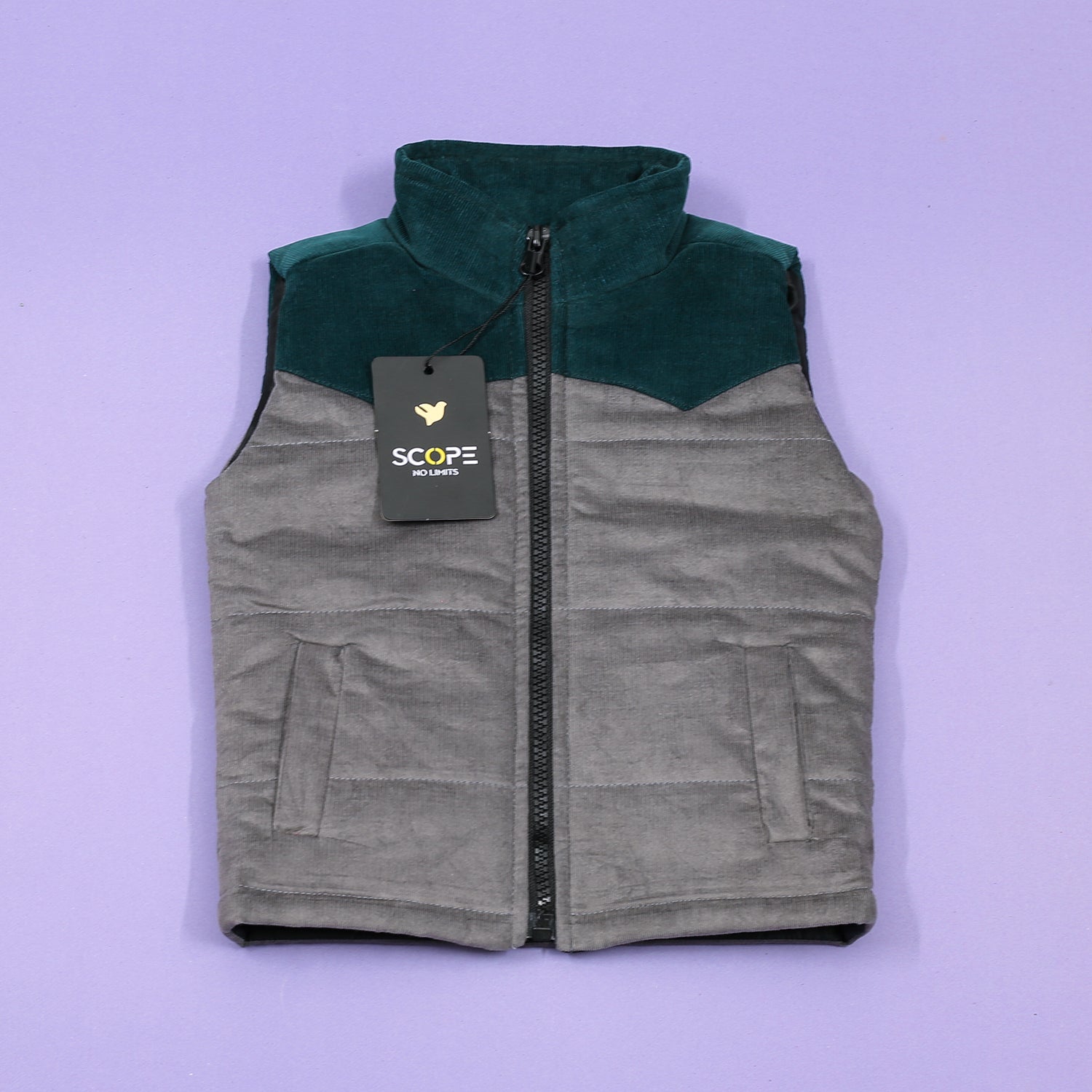 Grey & Emerald Sleeveless Corduroy Jacket