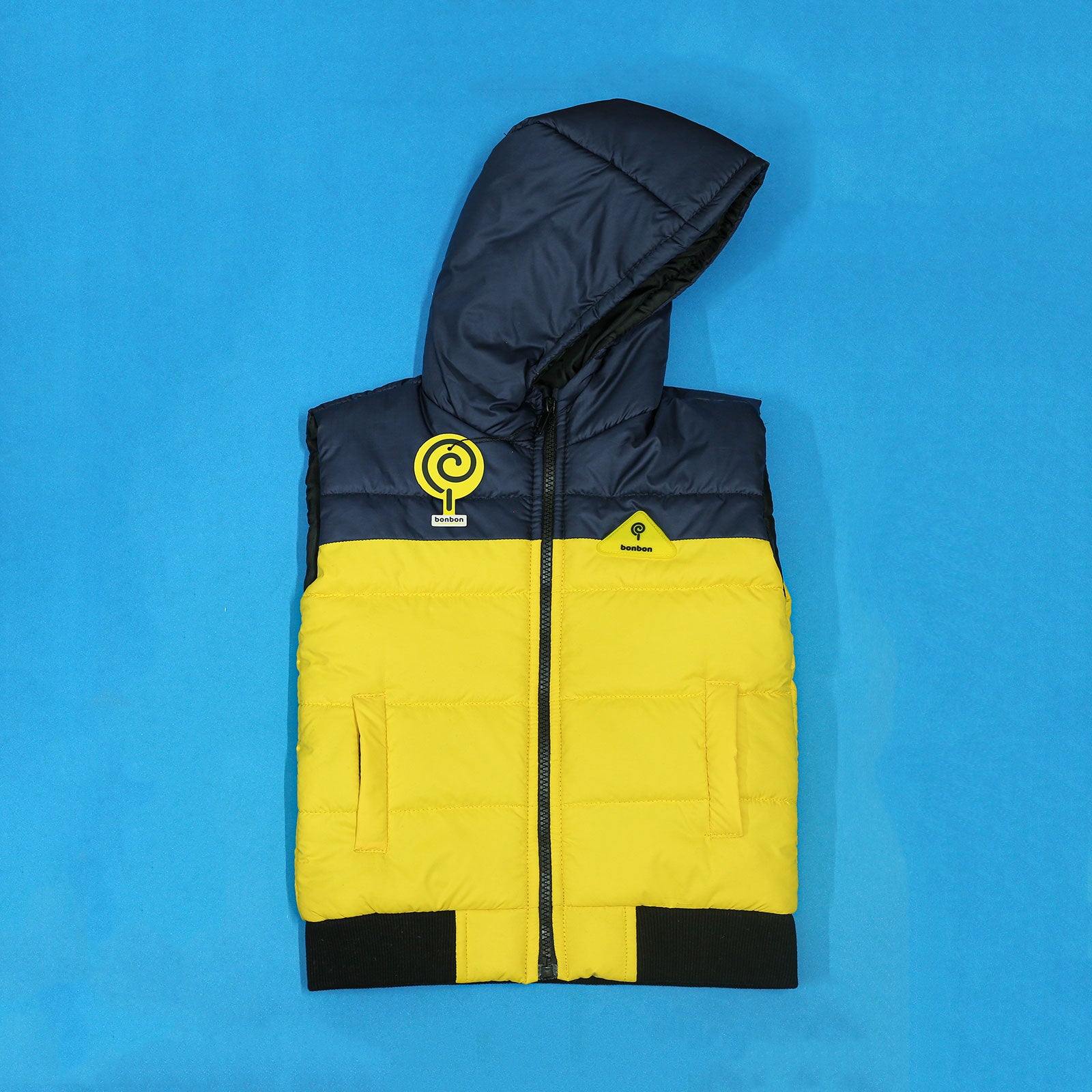 Yellow & Navy Sleeveless Puffer Jacket V2