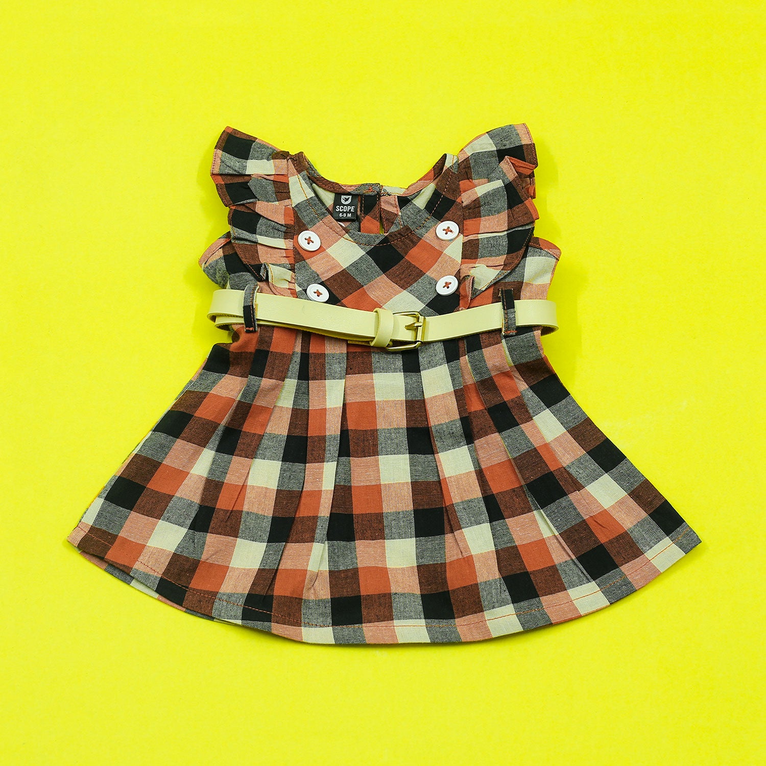 Ruffled Sleeves Checkered Infant Dress With Belt
