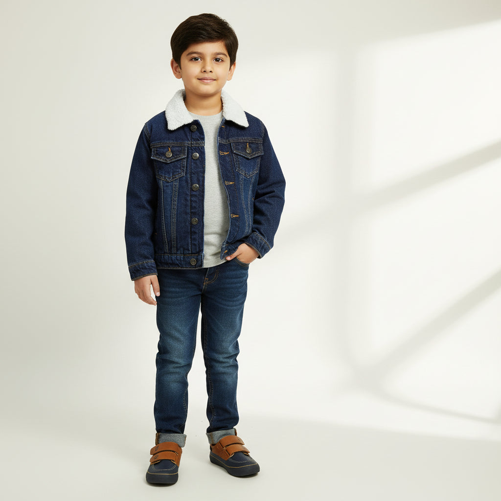 Dark blue denim jacket with fur