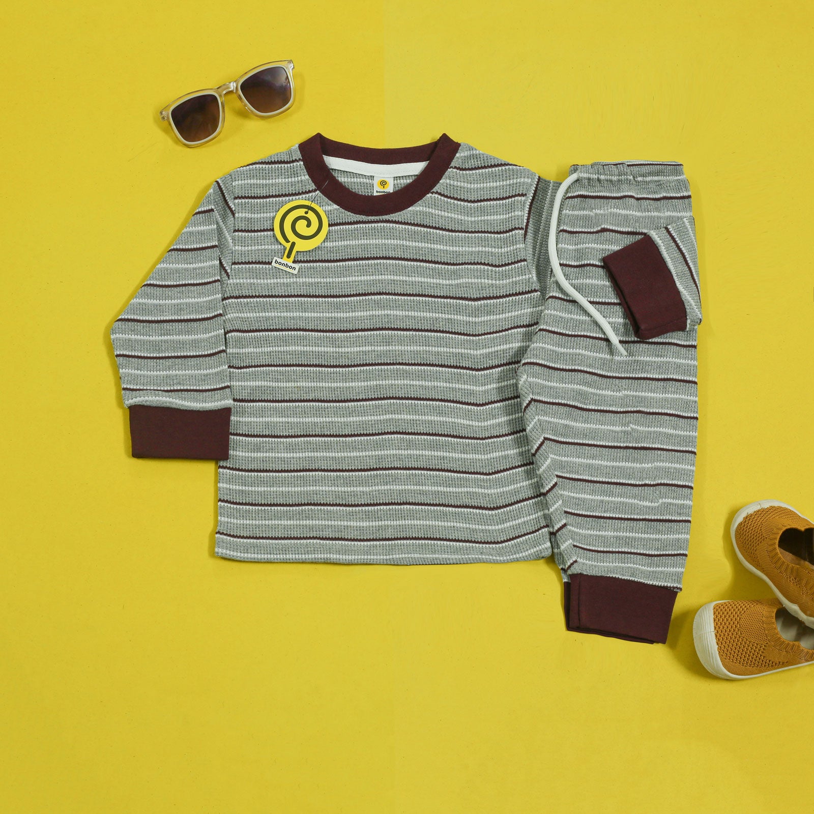 Grey Striped Waffle-knit Full-Sleeves PJ's