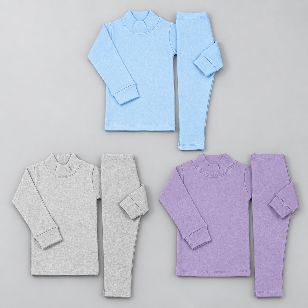 Frost pack of 3 kids thermal sets — high-neck rib tops with matching tights in Sky Blue, Heather Grey and Lavender