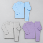Load image into Gallery viewer, Frost pack of 3 kids thermal sets — high-neck rib tops with matching tights in Sky Blue, Heather Grey and Lavender
