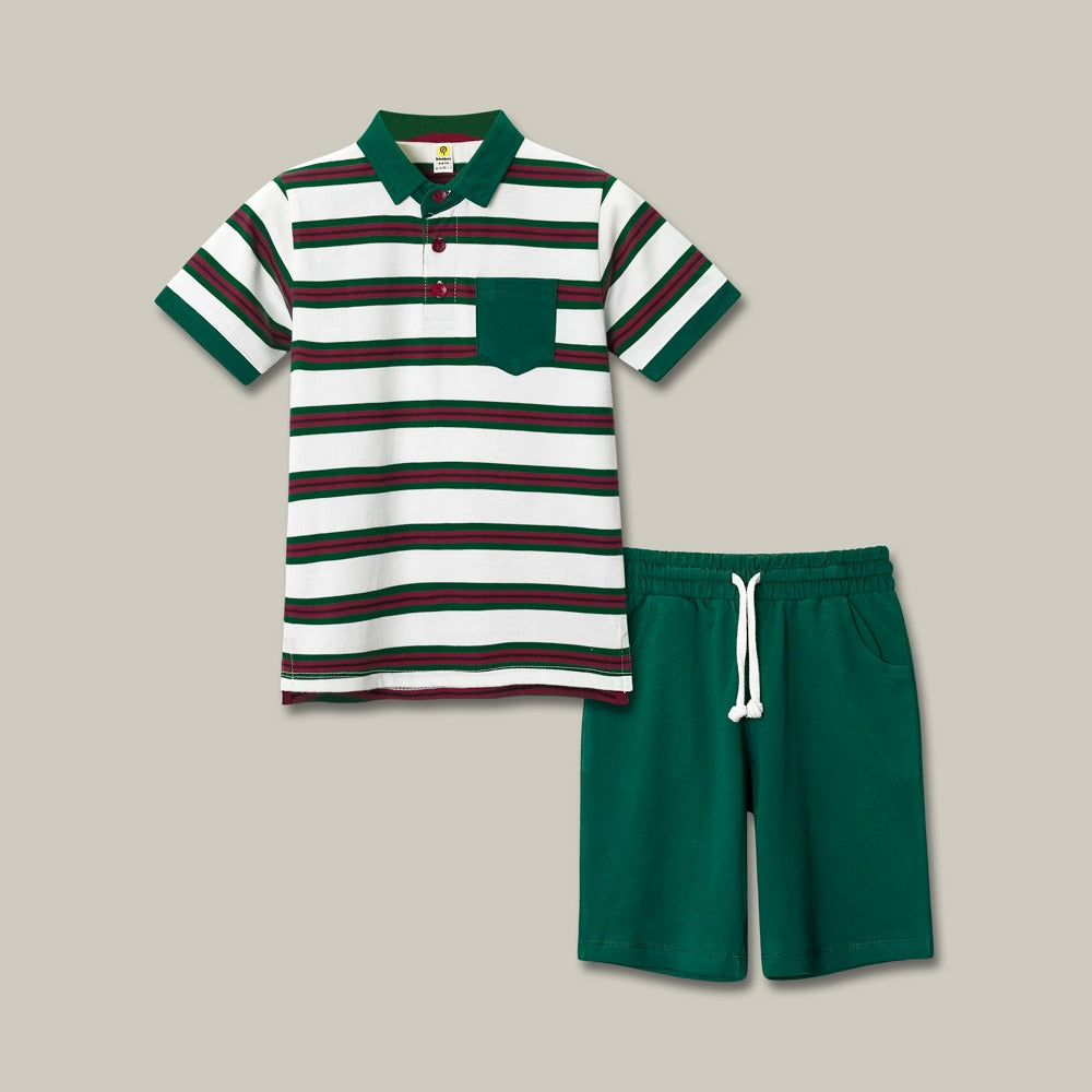 White&Green Striped Polo Set