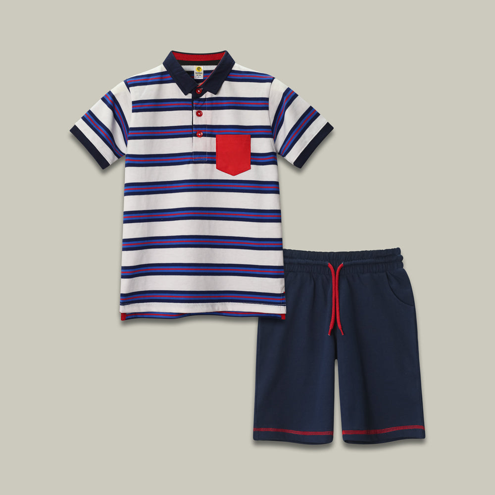 White & navy striped polo set