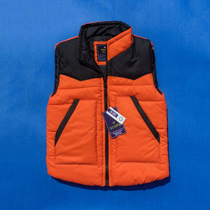 Orange & Black Sleeveless Puffer Jacket
